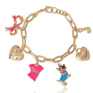 NWT Juicy Couture Pink and Gold Charm Bracelet w/ Bow, Dog and Heart, 7.5”